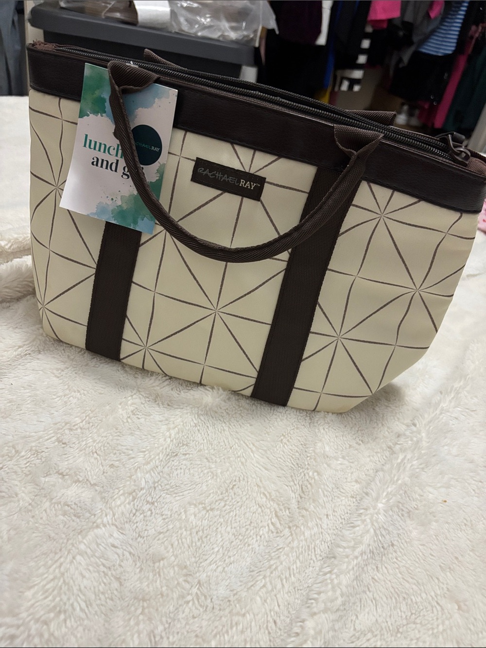Rachael Ray Cream and Brown Geometric Insulated Tote